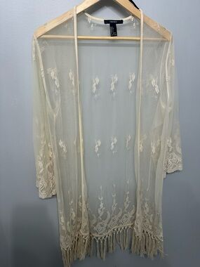 Forever 21 Cream Sheer Embroidered Fringe Duster Kimono